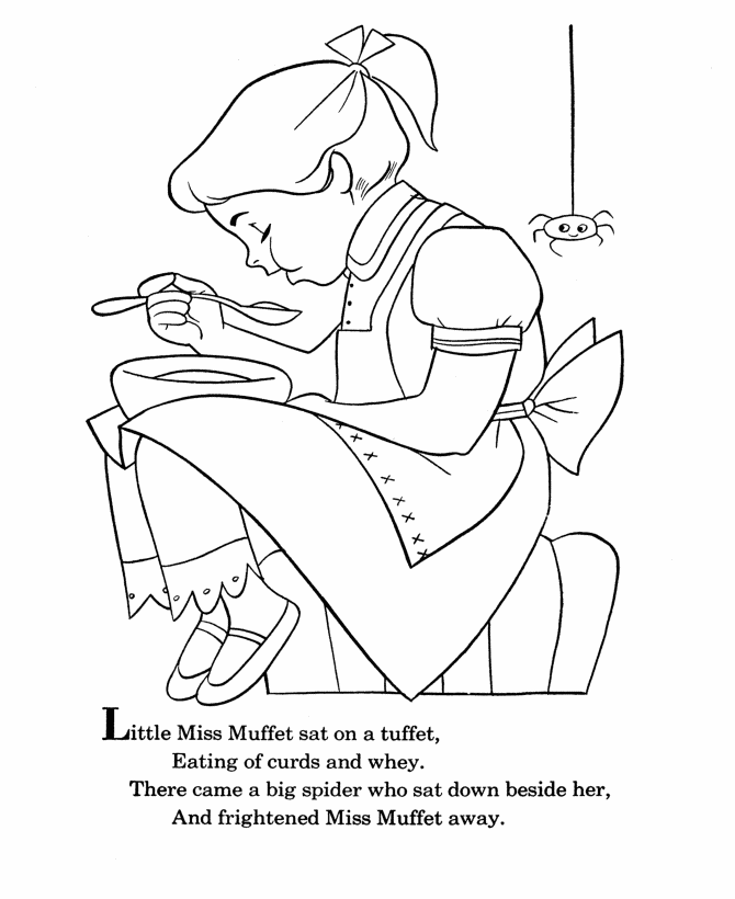 BlueBonkers - Nursery Rhymes Coloring Page Sheets - Little Miss Muffet