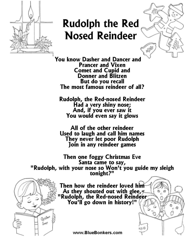 BlueBonkers: Rudolph the Red Nosed Reindeer, Free Printable Christmas Carol Lyrics : Favorite Song Sheets