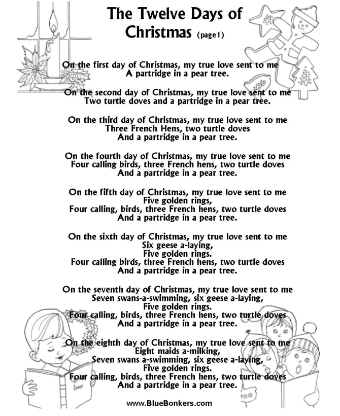 Lyrics To The Twelve Days Of Christmas Printable Printable Word Searches